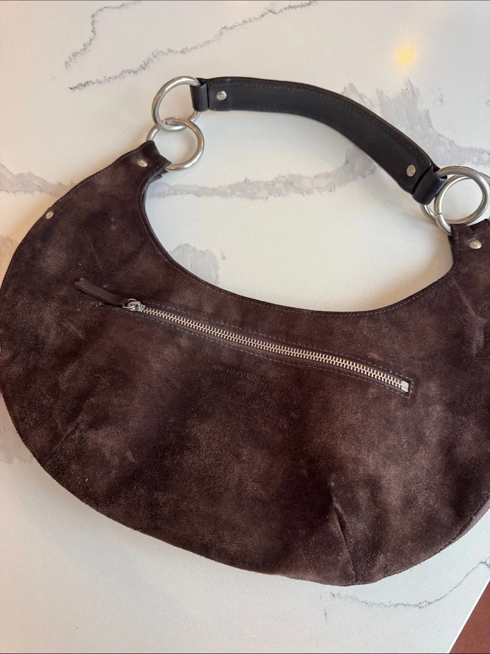 Michael Kors Vintage Brown Suede Hobo Shoulder Bag Expandable Zip Bottom Silver